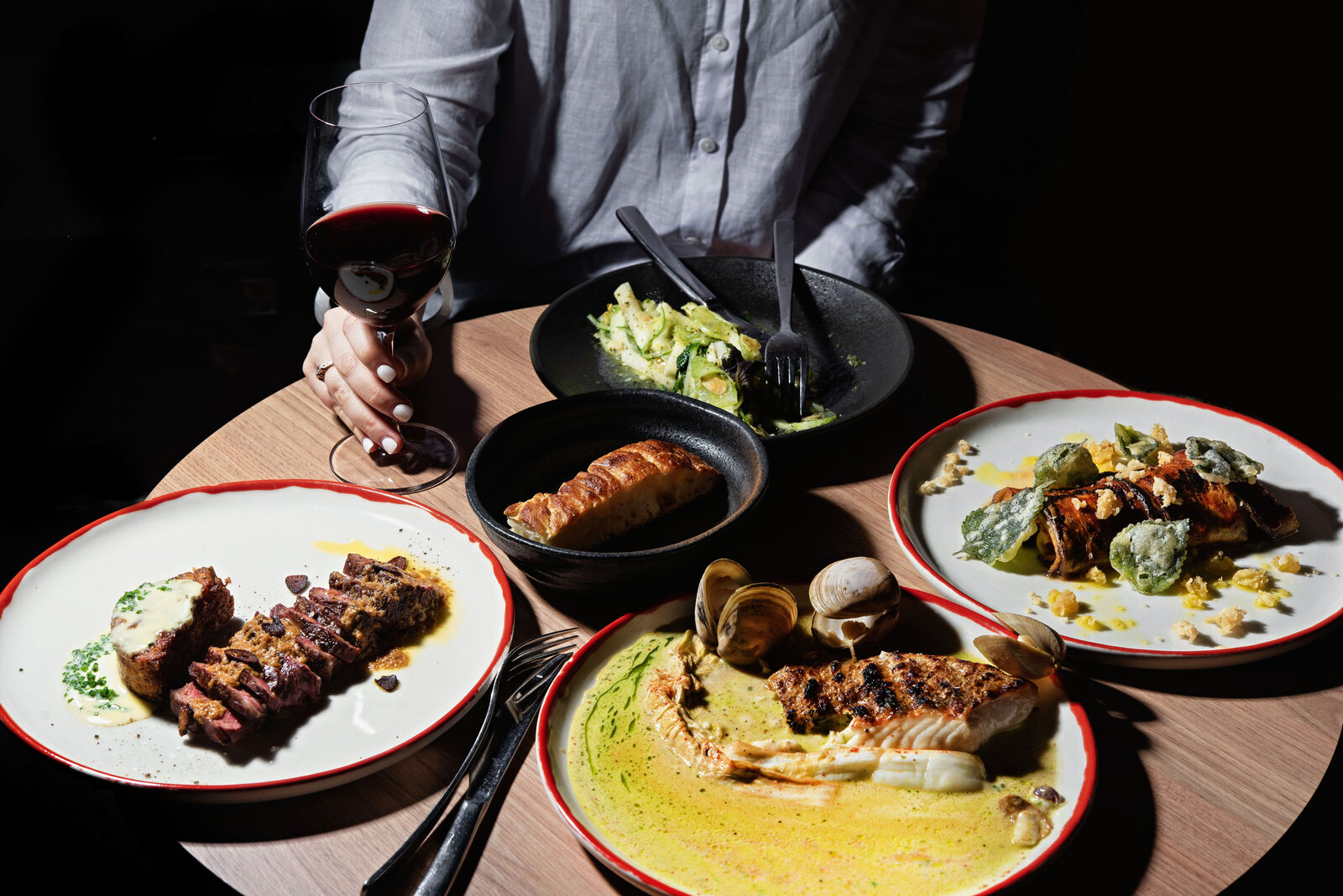 Dinner dishes and wine at Rising Sun Workshop